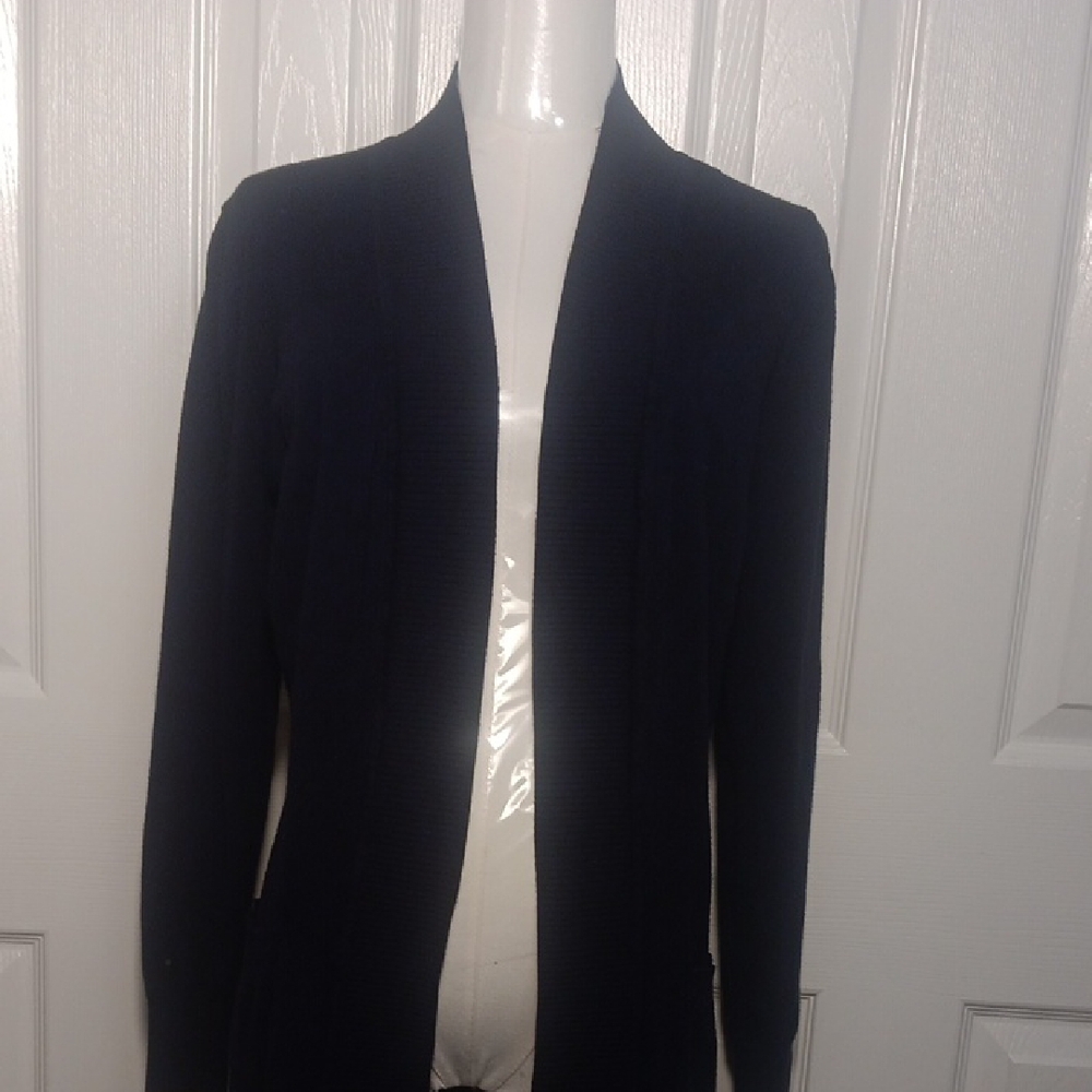 Navy Blue Open Front Cardigan With Ribbed Details Down Front And On Arms - Picture 2 of 11